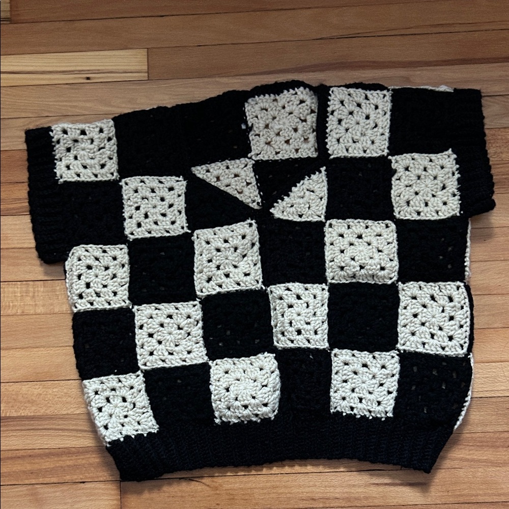 Black and White Crochet Checkered Sweater